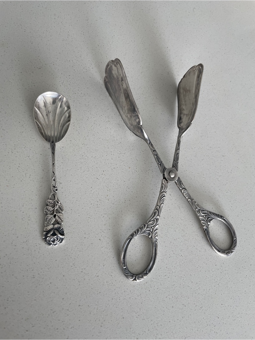 Ornate Silver Plated Serving Spoon and Tongs